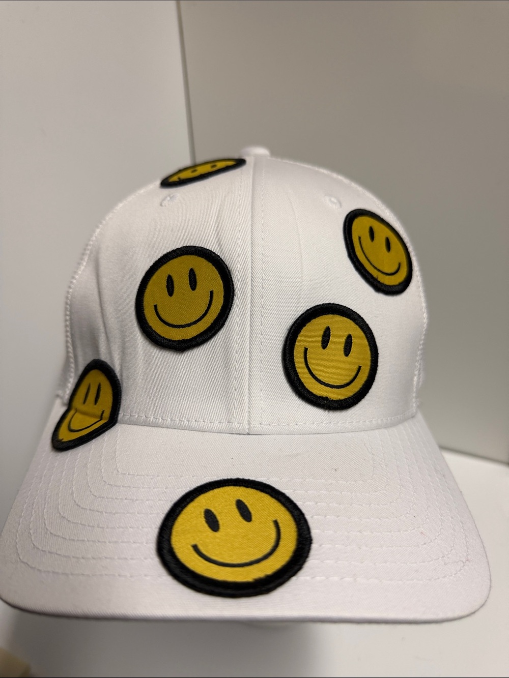 Port Authority White Baseball Cap with Yellow Smiley Patches